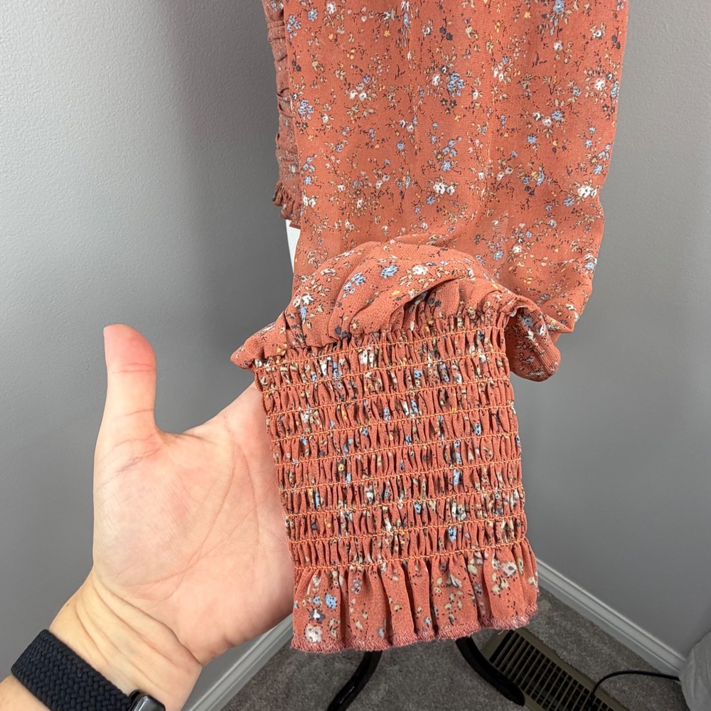 Promesa Rust Floral Ruched Long Sleeve‎ Blouse Square Neck Smocked Cuff Medium - Picture 4 of 11